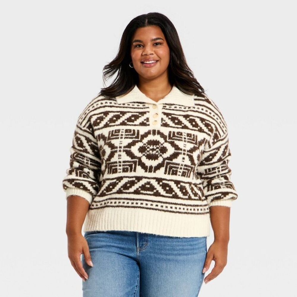 Women's Fairisle Henley Shawl Sweater - Universal Thread Brown XXL